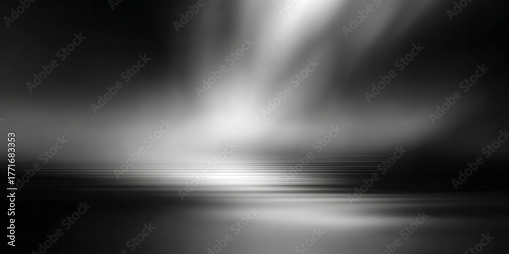 Fototapeta premium Dramatic black and white spotlight illuminates a reflective, horizontal surface