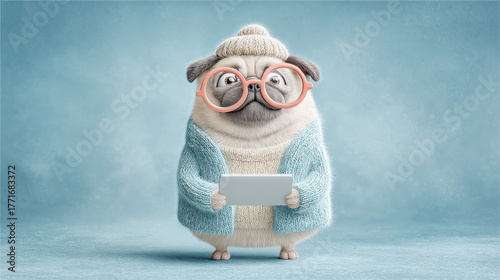 Secret agent, A pug dressed as a secret agent decodes a message using its paw in this whimsical and playful image.