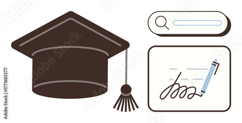 Graduation cap, search bar, and signing pen symbolizing learning, research, degrees, online education, success, intellectual growth and career readiness. Ideal for education research online