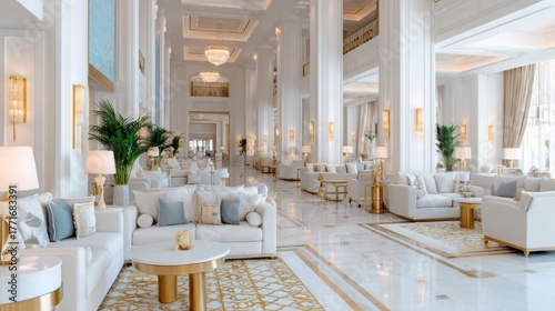 Bright luxury hotel lobby with white sofas, gold accents, chandeliers, and plants, elegant interior style and architecture
