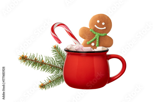 Gingerbread man cookie and red white candy cane with marshmallow in ceramic cup of hot chocolate drink  isolated on white background.