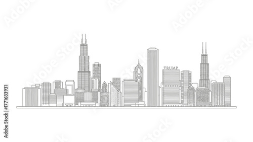 Chicago Skyline Silhouette: The elegant line drawing of Chicago skyline, an iconic urban landscape with recognizable skyscraper, under a clear sky. 