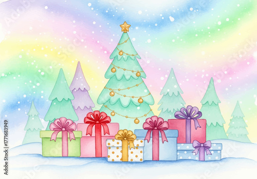 Festive holiday watercolor illustration background with Christmas tree and gift boxes