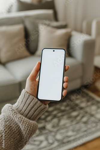 Phone in hand living room