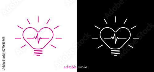 Abstract editable stroke heart shape light bulb illustration with cardiogram, heartbeat line vector design to use for healthcare, business, healthy lifestyle, medical science illustration.