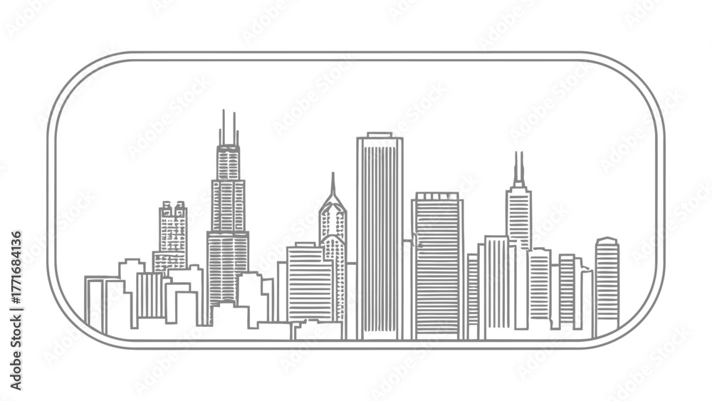 Naklejka premium Urban Silhouette: A minimalist, line-art portrayal of the city skyline, offering a clean and modern aesthetic. The buildings rise boldly against the clear sky.