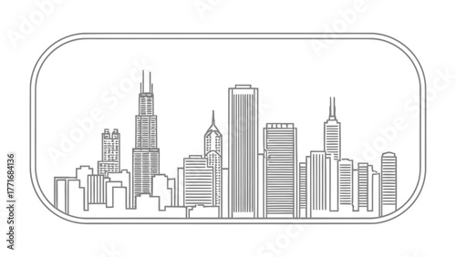Urban Silhouette: A minimalist, line-art portrayal of the city skyline, offering a clean and modern aesthetic. The buildings rise boldly against the clear sky.