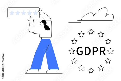 Woman holding rating stars, cloud, GDPR surrounded by stars in circle. Ideal for GDPR, data protection, privacy, compliance, reviews rating cloud technology. Minimal and simple flat metaphor
