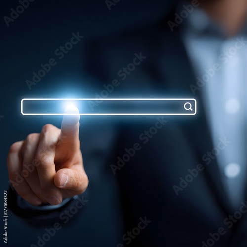 Finger pressing digital search bar interface
