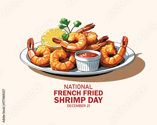 National French Fried Shrimp Day vector. Shrimp food with dip sauce icon vector. Seafood on a plate drawing. December 21.