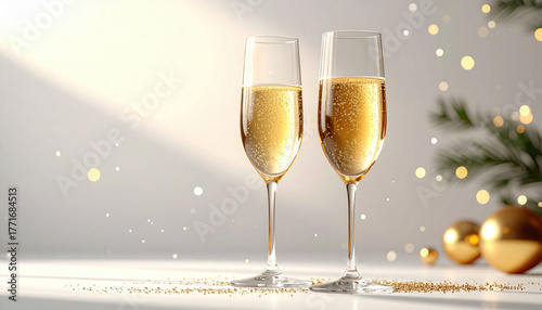 Two champagne glasses filled with bubbly drink on festive table with golden decorations
