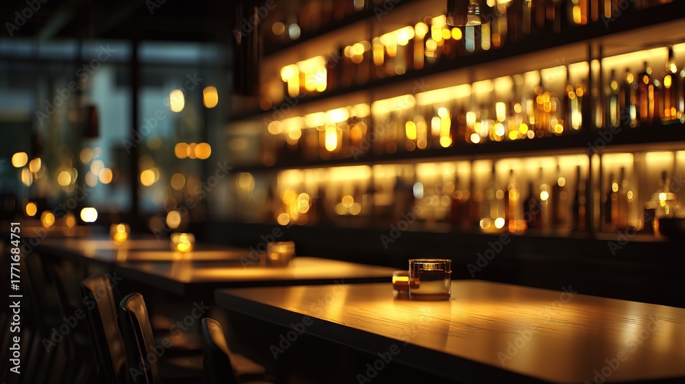Fototapeta premium Restaurant bar interior with soft lighting and elegant ambiance, perfect for upscale dining and cocktail hour.