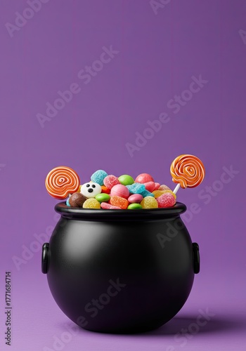 Halloween witch cauldron filled with colorful sweet candy treats and gold coins on a purple background. Spooky season holiday. Happy Halloween banner with copy space