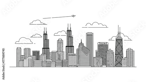 Cityscape Silhouette: An architecturally diverse cityscape, captured in a monochrome line drawing. Includes skyscraper, the drawing evoke a sense of urban energy and design.