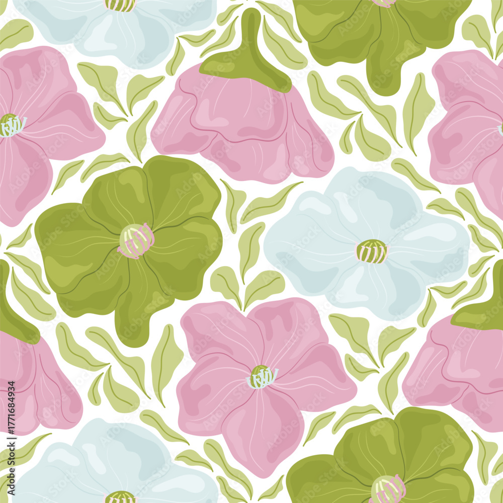 Fototapeta premium Vector seamless floral pattern with green and pink morning glory flowers, light blue background, hand drawn botanical illustration for textile and decor