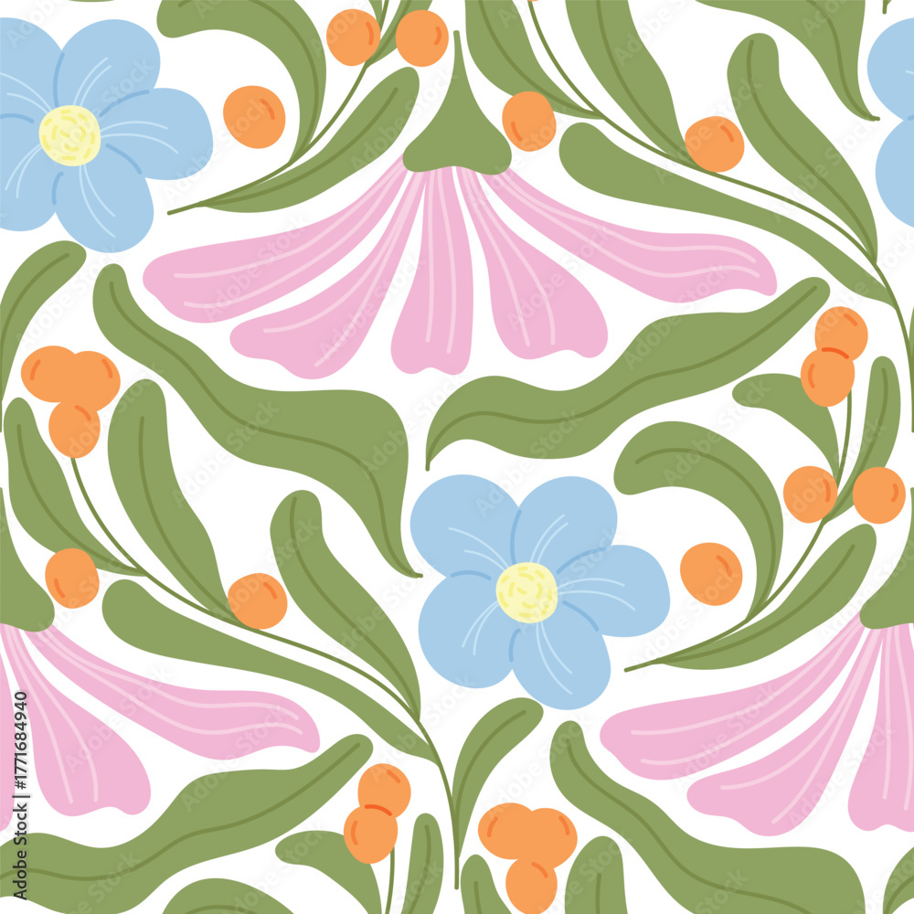 Fototapeta premium Vector seamless floral pattern with pink and blue petunia flowers, green leaves, pastel background, hand drawn decorative botanical design for fabric and wallpaper