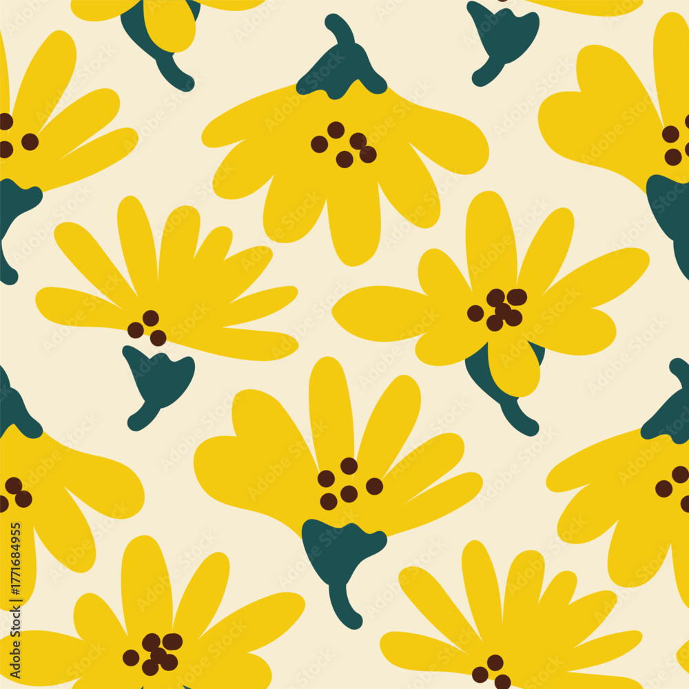 Fototapeta premium Vector seamless pattern with yellow daisy flowers, green leaves, hand drawn illustration for summer packaging, fabric, and wall art