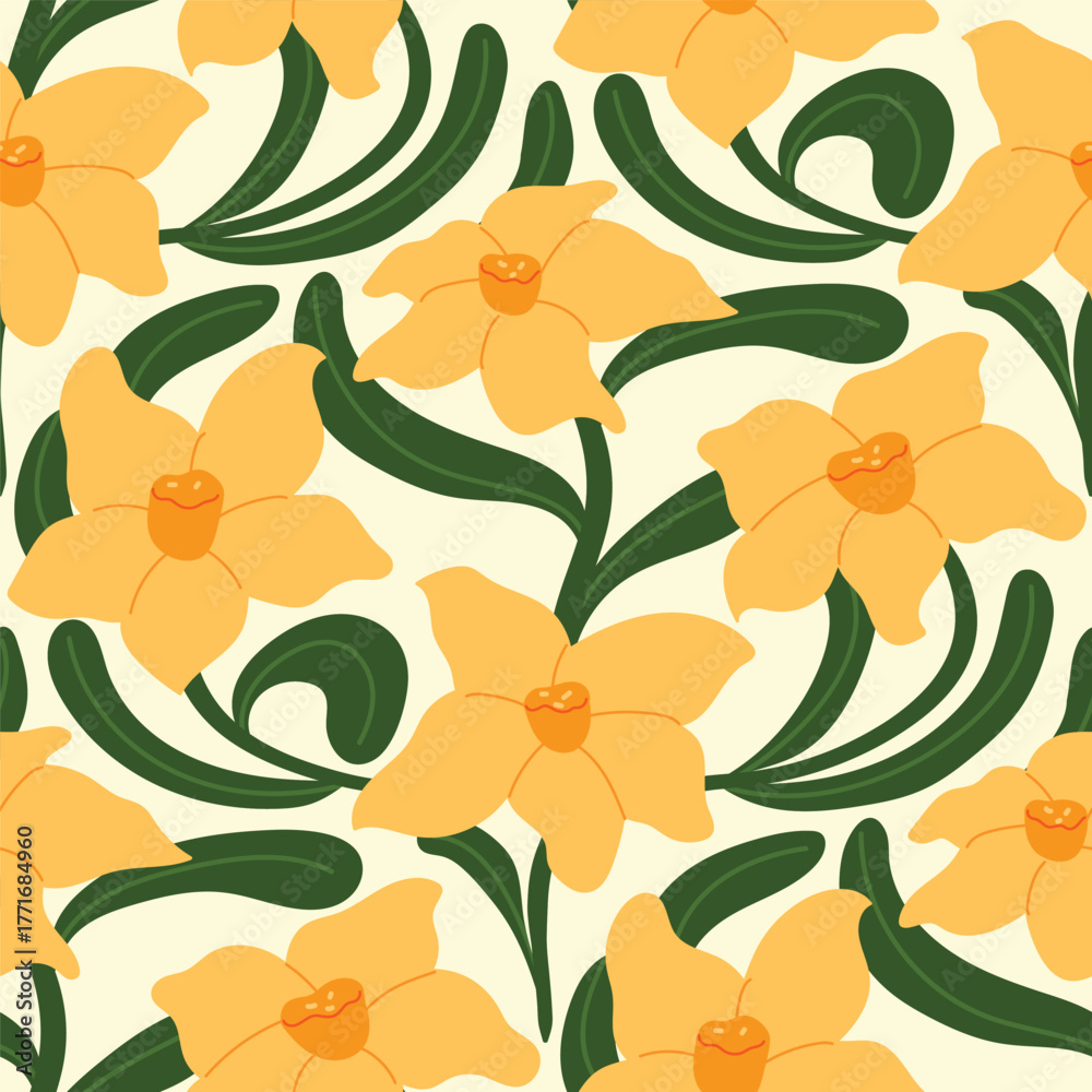 Fototapeta premium Vector seamless pattern with orange daffodil flowers and green leaves, hand drawn illustration for spring fabric, gift wrap, and home decoration