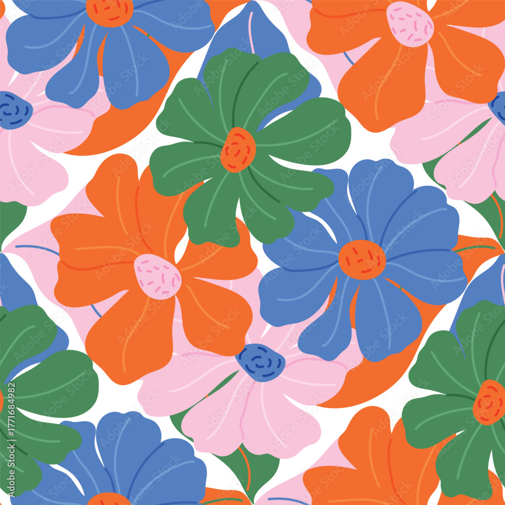 Fototapeta premium Vector seamless retro floral pattern with red and blue hibiscus flowers, green leaves, colorful tropical botanical design for fabric and gift wrap