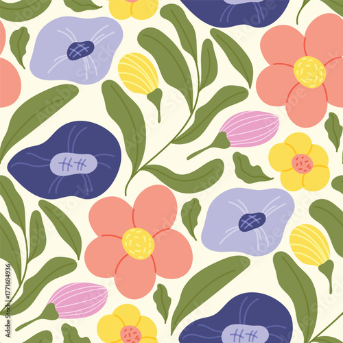 Vector seamless floral pattern with multicolor pansy flowers and green leaves, hand drawn illustration for spring textile, wrapping, and interior decoration