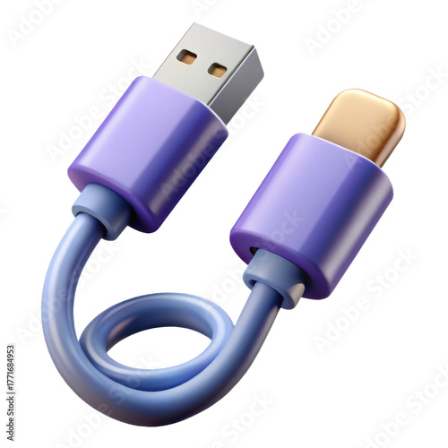 High quality 3d render of a purple usb extension cable with connectors transparent background