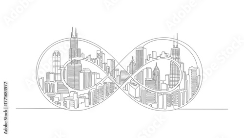 Endless City: An artistic illustration captures the perpetual motion of urban life, with a skyline intertwined in an infinity symbol, a testament to the unending cycle of growth and evolution.