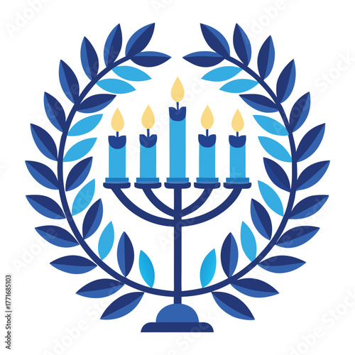 Menorah with burning candles and vibrant flame illustration, a happy Hanukkah symbol of light and celebration