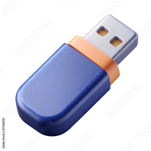 High-quality 3d render of a blue usb flash drive with orange accent isolated on black transparent background