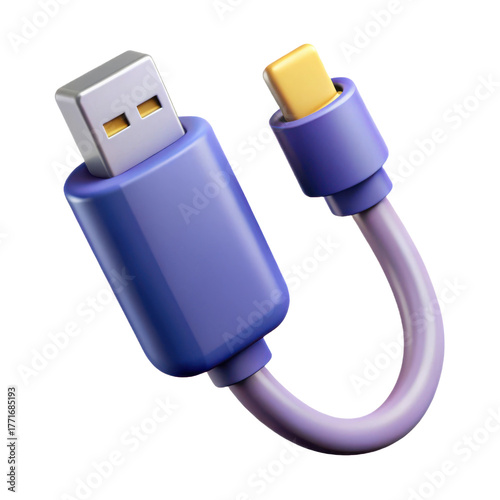 High-quality 3d render of a purple usb-c to usb-a cable for technology and connectivity transparent background