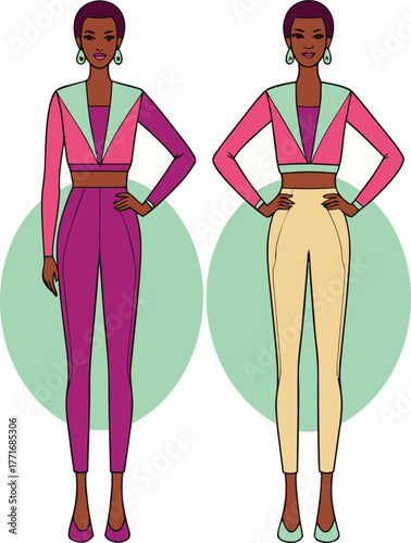 Two women in colorful geometric crop tops and pants with heels Keywords: woman, women, fashion, style, clothing, outfit, crop