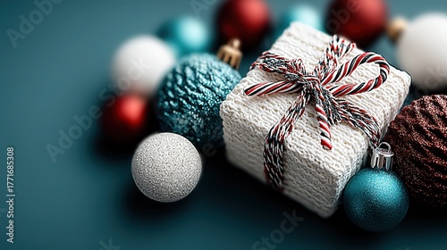 Overhead shot on deep-green backdrop: muted red-green Christmas box tied with blue ribbon, candy cane and scattered gold-silver baubles, perfect for greeting card cover, social post or brand wrap
