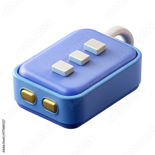 High-quality 3d render of a compact blue usb hub with three ports and cable transparent background