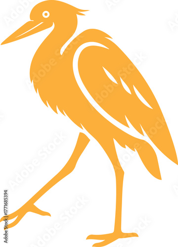 Orange heron bird walking silhouette long legs vector, Graceful heron walking bird vector design