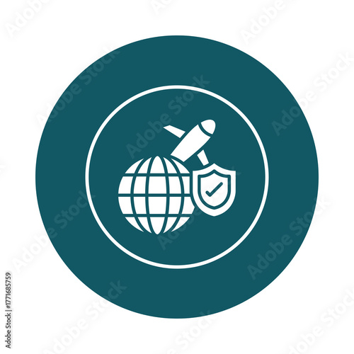 Global travel security and protection icon with airplane rocket shield and globe isolated on transparent background