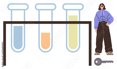 Three test tubes with colorful liquids on a stand, a person in casual clothing nearby, and a key on the ground. Ideal for science, research, innovation, creativity, discovery, analysis