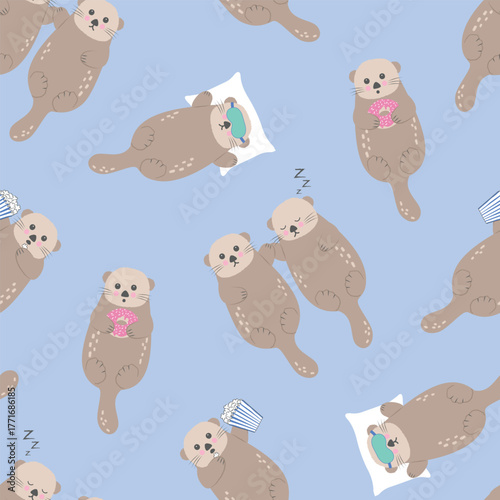Otter seamless pattern with sleeping animals