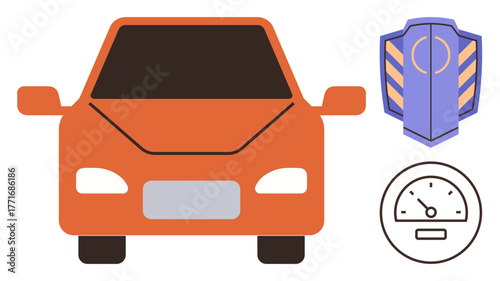 Orange car front facing, dashboard speedometer, safety badge symbolizing transport, automotive security, vehicle performance. Ideal for driving safety, auto services, traffic awareness, transport