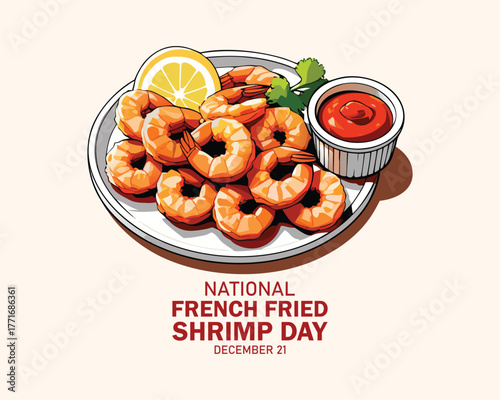 National French Fried Shrimp Day vector. Shrimp food with dip sauce icon vector. Seafood on a plate drawing. December 21.
