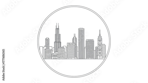 Cityscape Silhouette in Circle: A sleek, minimalist illustration showcases a stylized urban skyline, framed within a clean, circular design.