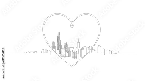City Skyline Heart: A minimalistic line drawing showcases a cityscape within a heart shape, symbolizing affection for urban landscapes and architectural beauty.