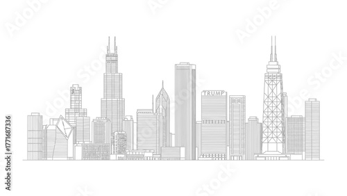 Urban Symphony: A striking city skyline, meticulously drawn in monochromatic lines, showcasing a harmonious blend of architectural wonders and urban design. 