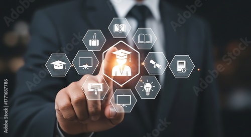 Businessman interacts with futuristic online education and e-learning system interface