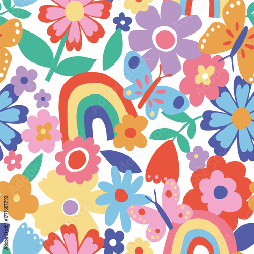 floral pattern with retro flowers and rainbows