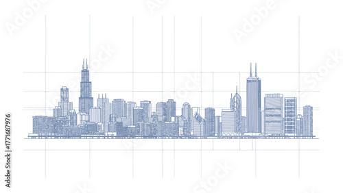 Architectural Silhouette: A minimalistic portrayal of a city skyline, sketched in elegant lines against a grid background, showcasing architectural beauty and urban design.