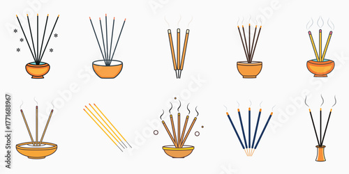 Collection of aroma diffusers with sticks in decorative orange pots fresh fragrance sticks