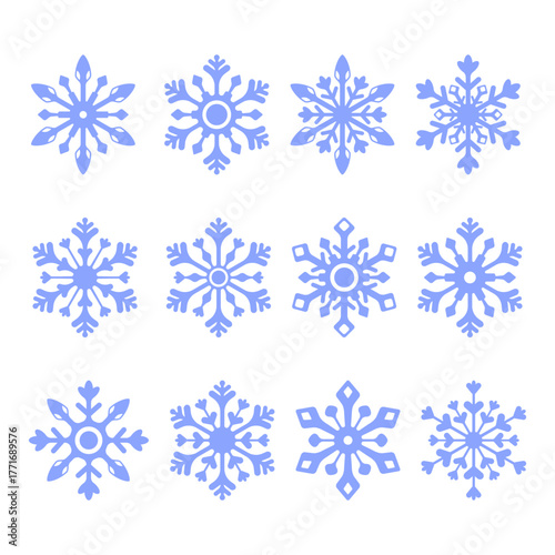 Minimal snowflake vector set. Simple geometric winter symbols for holiday design, packaging, and backgrounds. A collection of elegant vector snowflakes in minimal flat style, white background