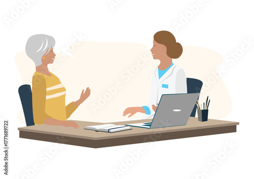 A patient in a doctor's office tells the symptoms, and the doctor writes down the prescription or diagnosis. Thank you doctors and nurses. Vector illustration in a flat style.