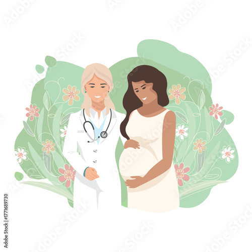 A happy pregnant woman talking to a doctor. Pregnancy and childbirth. Vector illustration in a simple style.