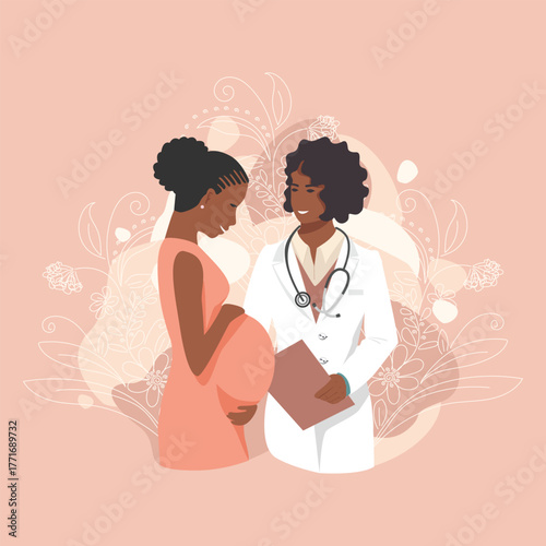 A happy pregnant woman talking to a doctor. Pregnancy and childbirth. Vector illustration in a simple style.