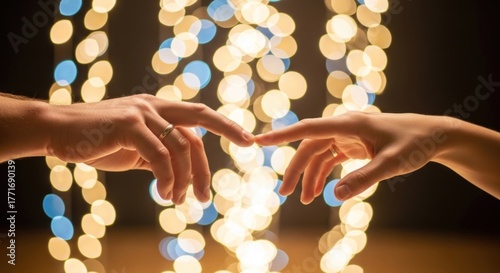 Two hands reaching out to each other in front of a bokeh background.